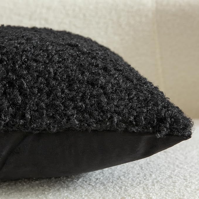 Yaertun Pack of 2 Faux Fur Throw Pillow Covers Decorative Sherpa Boucle Pillow Covers Fuzzy Soft Pillowcases Sheepskin Fleece Cushion Case for Couch Sofa Bed Living Room 24x24 Inch Black