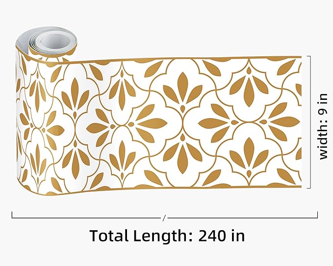 FLFK Wallpaper Border Gold and White Patterns Peel and Stick Wall Border Self Adhesive Wallpapers for Living Room Bedroom Kitchen Bathroom 9"x240"