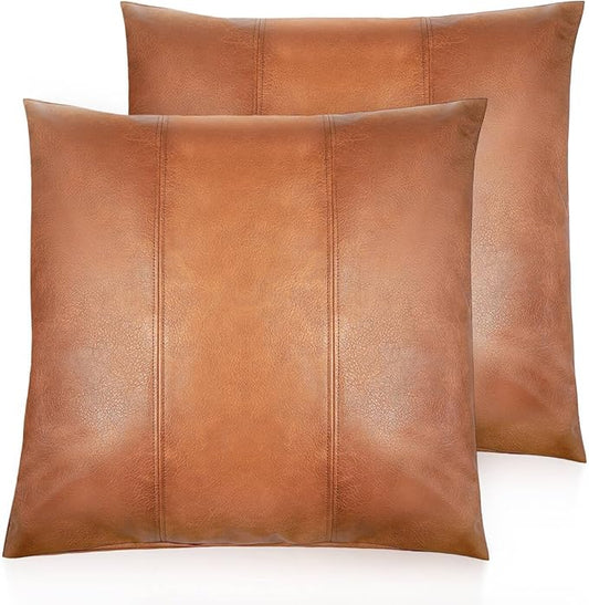 Faux Leather Throw Pillow Covers 20X20 Inch Set of 2 Brown Outdoor Modern Farmhouse Solid Decorative Pillow Covers for Room Couch Living Bedroom Bed Sofa(No Filling Material