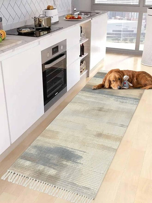 Beige Gray Brown Runner Rug 2X4 Ft Entryway Outdoor Indoor Mat, Washable Woven Abstract Ombre Art Throw Carpet with Tassel, Non-Shedding Vintage Minimalist Gradient Aesthetic Hallway Bath Mats