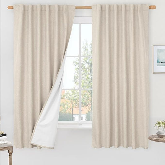 LAMIT 100% Blackout Linen Curtains for Bedoom, 68 Inches Linen Textured Thermal Drapes Back Tab and Rod Pocket Neutral Panels with White Liner for Living Room, 2 Panels, 52 x 68 Inch, Oatmeal