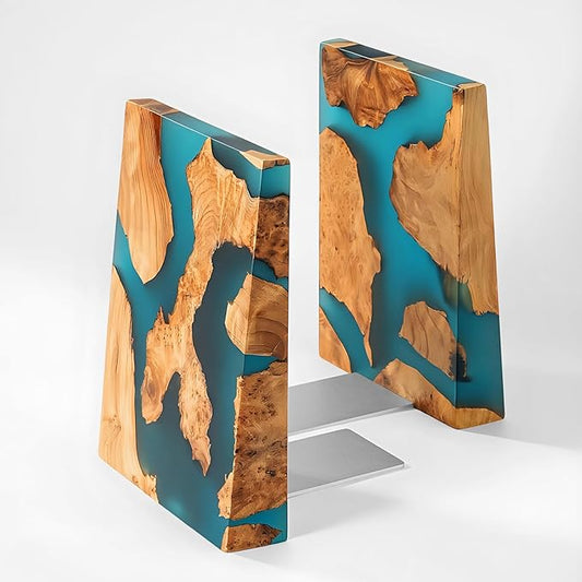 Glow in The Dark Bookends, Wood Bookends for Shelves,Blue Luminous Book Ends with Burl Wood and Resin,Decorative Book Stopper Binder and Dividers, Blue, Large,Unique Desk Decor for Home Office Library