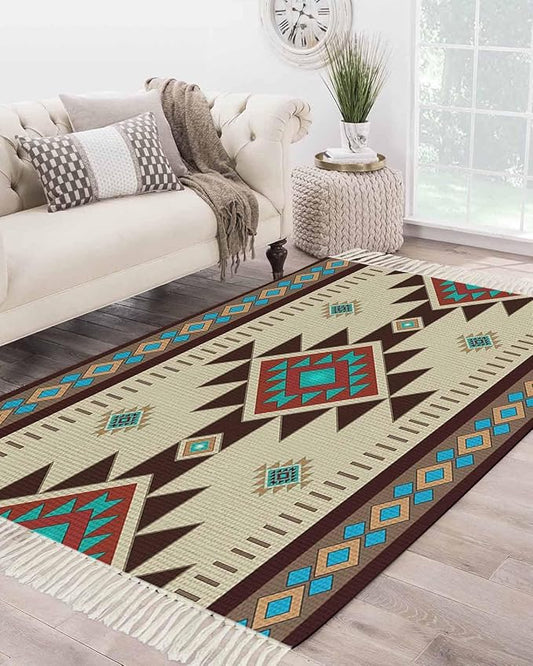 Boho Southwestern Large Runner Rug 4X6 Ft Living Room Area Rug, Washable Woven Aztec Abstract Geometric Throw Carpet with Tassel, Non-Shedding Vintage Native American Patterned Bedroom Office Carpets