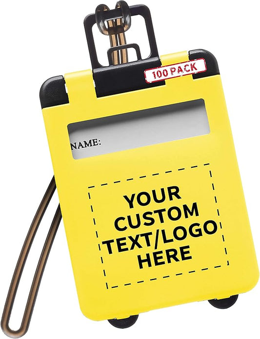 100 Mini Carry-on Luggage Tags Pack - Customizable Text, Logo - Flip Open Cover, ID Sticker - Yellow