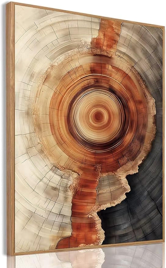 IBHJSART Framed Tree Ring Canvas Wall Art Vintage Colorful Wood Stump Painting Prints Modern Minimalist Pictures Neutral Nature Rustic Farmhouse Decor Living Room Bedroom Bathroom Office