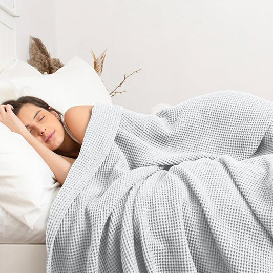 100% Cotton Waffle Blankets for Bed - Queen (90" x 90") Lightweight, Breathable and Soft, Waffle Weave Blanket for All-Season - Summer, Spring, Winter (White)