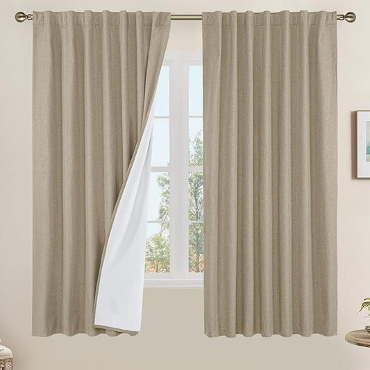 LAMIT 100% Blackout Linen Curtains 63 Inches Long, Linen Textured Living Room Farmhouse Curtains Full Room Darkening Back Tab and Rod Pocket Panels with White Liner, 2 Panels, Taupe, 60 x 63 Inch