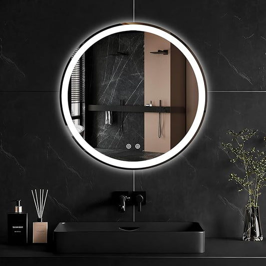 Sweetcrispy 24 Inch Round LED Bathroom Mirror with Lights, Circle Vanity Mirror with Anti-Fog, Dimmable, 3-Color Light, Memory Function, Tempered Glass