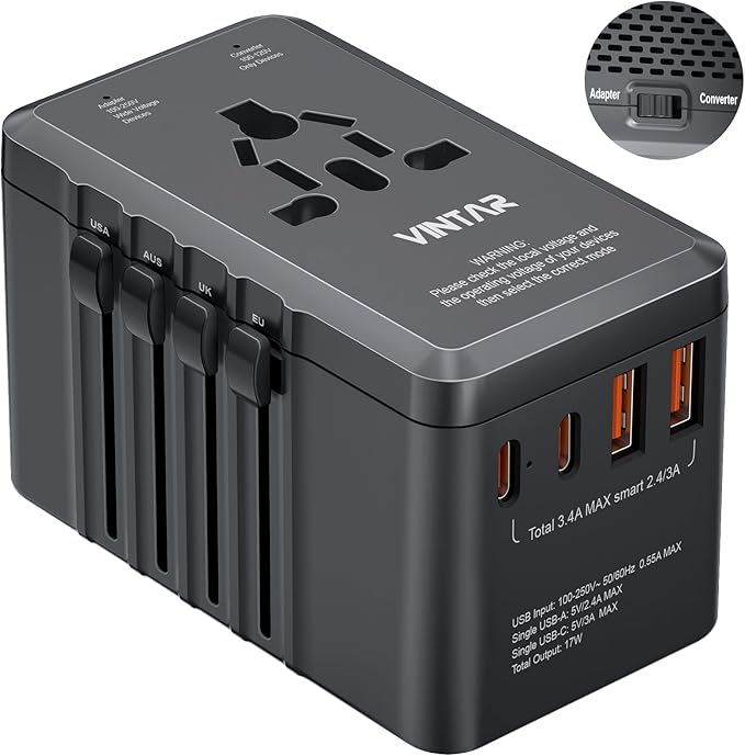 220V to 110V Travel Voltage Converter, VINTAR 2000W International Universal Voltage Converter US to Europe Adapter with 4 USB Ports (2 USB C), Step Down Power Converter Adapter Combo for US EU UK AUS