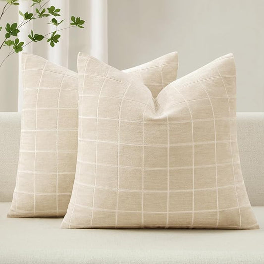 MIULEE Decorative Chenille Check Throw Pillow Covers Vintage Plaid Couch Pillows 22x22 Inch Set of 2 Neutral Boho Farmhouse Cushion Covers Modern Spring Home Decor for Sofa Bed Living Room Beige