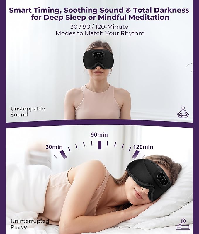 MUSICOZY 3D Bluetooth Sleep Mask with Headphones and Timer, Wireless Sleep Headphones for Side Sleepers, Eye Mask with Bluetooth Headphone, Black