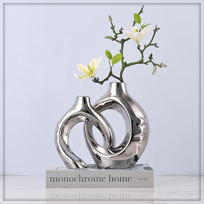 Silver Home Decor Ceramic Vase, Round Vase with Holes Set of 2, Suitable for Wedding Entrance Decoration, Bookshelf, Mantel, Unique Home Decor (Silver)