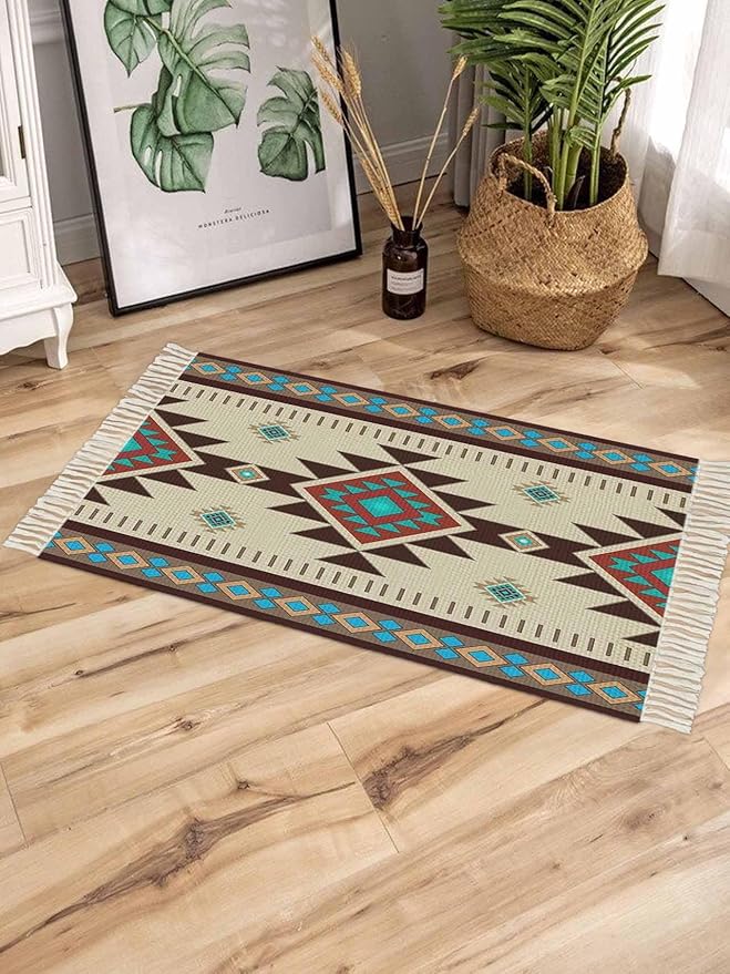 Boho Southwestern Large Runner Rug 4X6 Ft Living Room Area Rug, Washable Woven Aztec Abstract Geometric Throw Carpet with Tassel, Non-Shedding Vintage Native American Patterned Bedroom Office Carpets