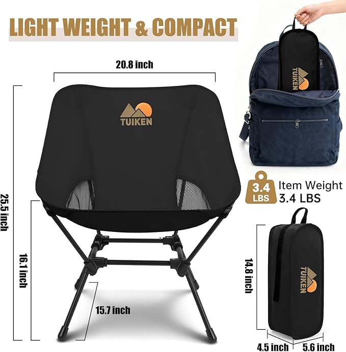 TUIKEN Ultralight Camping Chair Backpacking Chair, Portable Camp Chair with Cup Holder & Storage Bag, Lightweight Compact Folding Chair for Hiking, Travel, Picnic Mountaineering (Black)