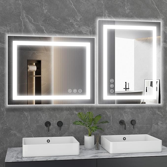 Sweetcrispy 28"x 36" Rectangle LED Bathroom Mirror with Front Light and Backlit, Smart Memory Functionr - Enhanced Anti-Fog Feature, Pure White