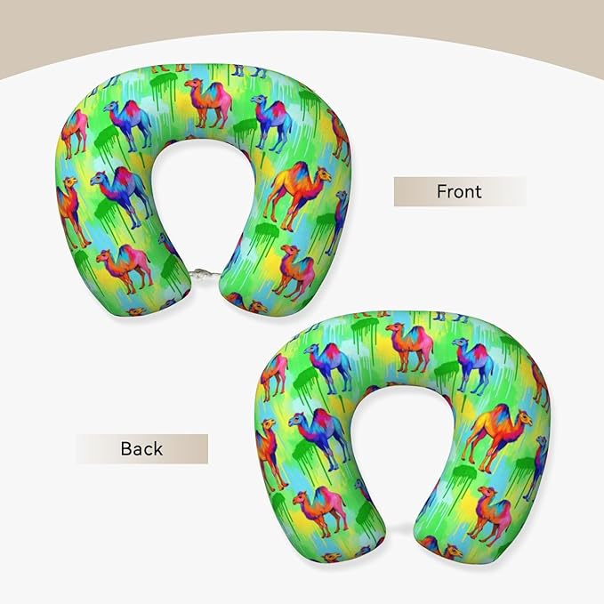 Funny Neck Pillow Support for Car Flight Rest Llama Alpaca Watercolor Camels Painting, Memory Foam U Shaped Decor Head Cushion for Home Outdoors Travel
