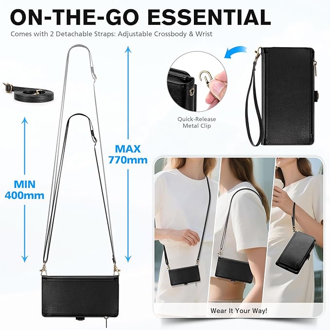 TUCCH Removable Crossbody Case Wallet for iPhone 17 Pro Max, 10 Card Slots RFID Blocking, Stand, Lanyard, Wrist Strap, Wireless Charging, Zipper Pocket, PU Leather, Magnetic Flip Cover, Textured Black