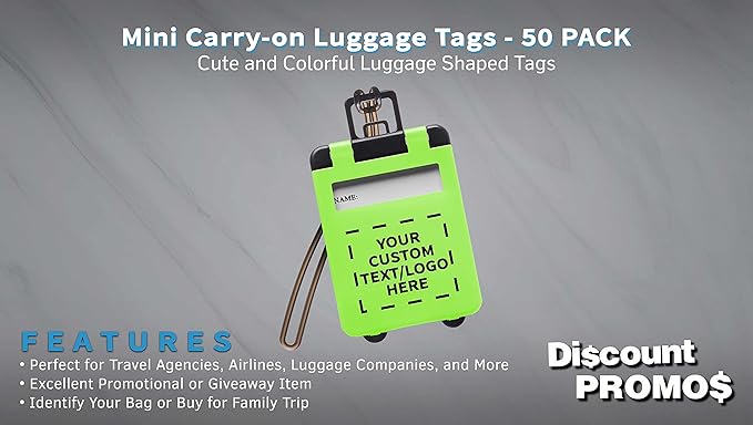 50 Mini Carry-on Luggage Tags Pack - Customizable Text, Logo - Flip Open Cover, ID Sticker - Lime Green
