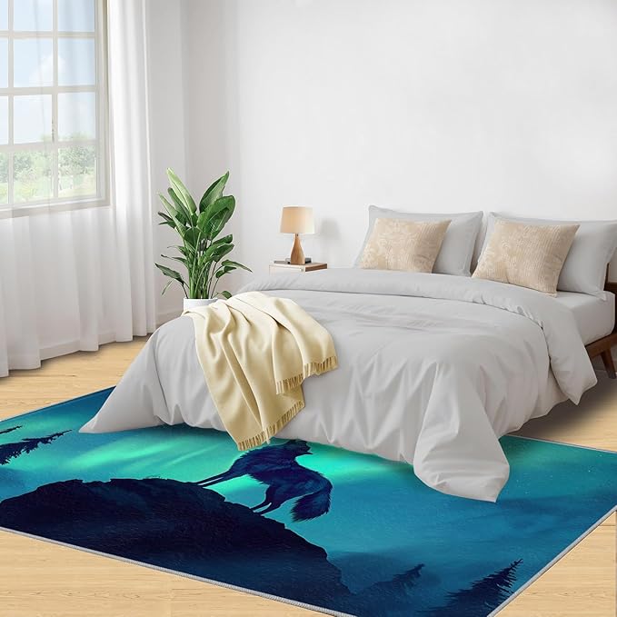 Wolf 5x6 Area Rugs for Living Room -Forest Washable Rug Aurora Non-Slip Carpet Indoor Floor Stain Resistant Thin Carpets for Bedroom Dining Room Home Office