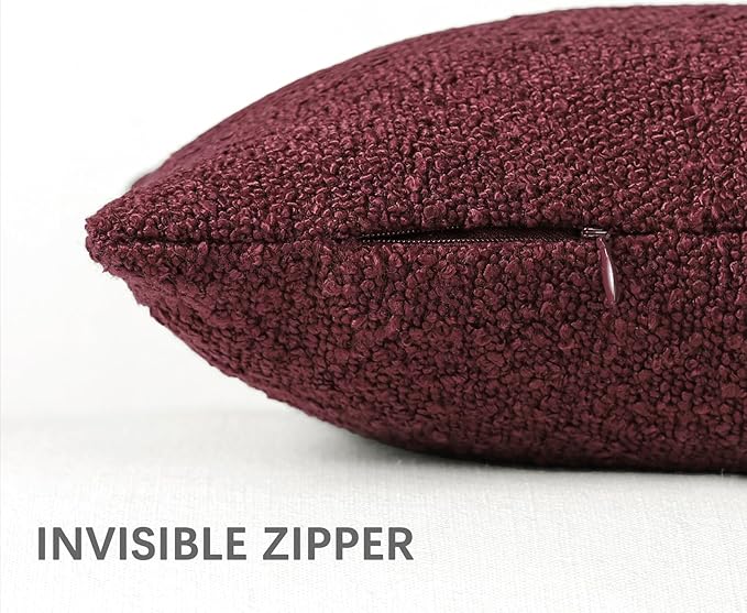 Boucle Decorative Throw Pillow Covers for Couch Set of 2, 24x24 inches, Burgundy
