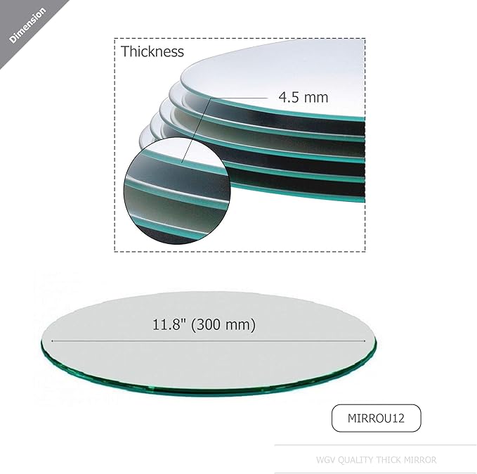 WGVI WGV Large Round Mirror Plate 12" Diameter, 4.5 mm Thickness, Frameless Sanded Edges, Quality Thick Candle Tray, Home Event Party Wedding Table Centerpiece Wall Decor, 1 Piece