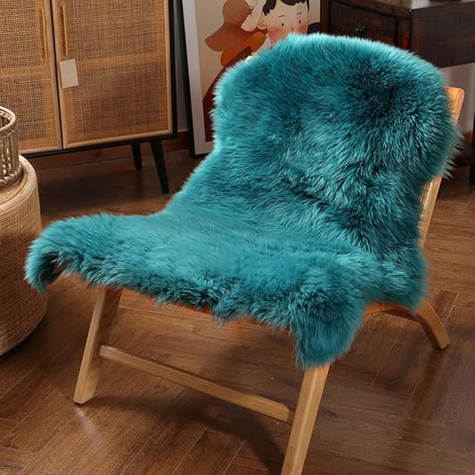 Premium Genuine Fur Sheepskin Rug Real Australia Sheepskin Natural Luxury Fluffy Lambskin Fur Area Rug Seat Covers for Kids Bedroom Sofa Chair Cover (Dark Aquamarine, Single Pelt/2ft x 3ft)