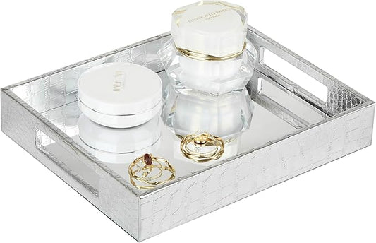 Vixdonos Decorative Mirror Tray,Silver Vanity Tray,Leather Catchall Organizer for Makeup,Perfume and Cosmetic on Dresser or Coffee Table(Small, Silver)