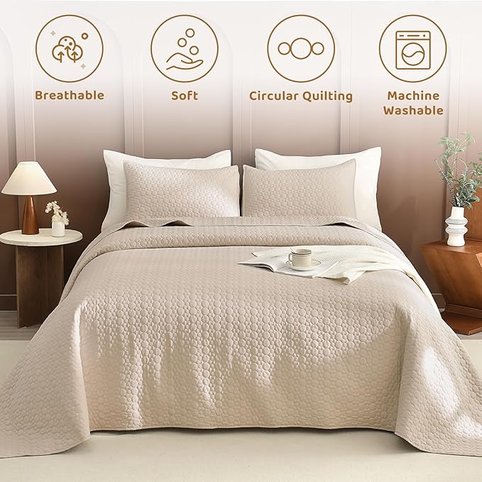 Sanracie Oversized Queen Bedspread Set 102"*118",100% Cotton Quilts Queen Size Linen Colored Circular Quilting Extra Large Quilt Bedding Coverlet Set 3Pcs Quilted Bed Blanket Lightweight
