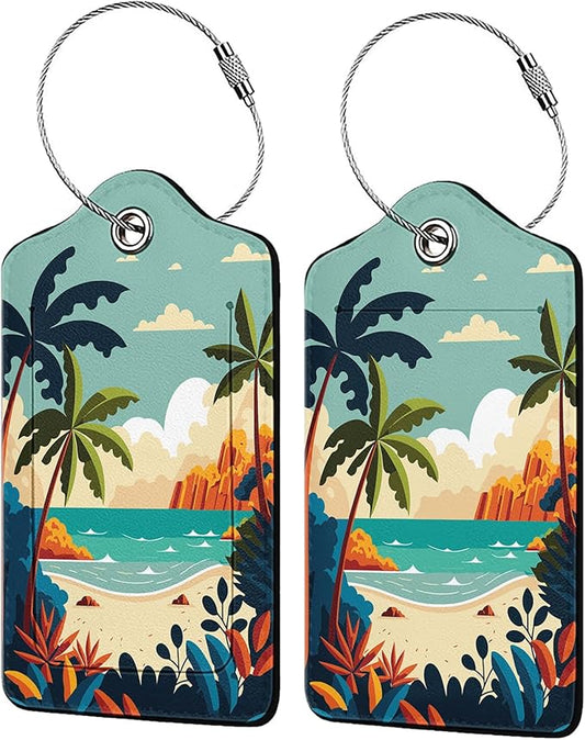 Cartoon Summer Beach 2 Pcs Luggage Tags,Privacy Cover ID Label with Stainless Steel Loop and Address Card for Travel Bag Suitcase