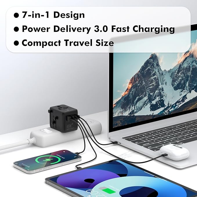 7 in 1 Travel Adapter Worldwide w/GaN 45W, 2 USB-A (15W), 3 USB-C (45W), 2 AC Outlets, Safety Certified International Plug Adapter for Universal Laptop, Phone, Camera for US, EU, UK, AU