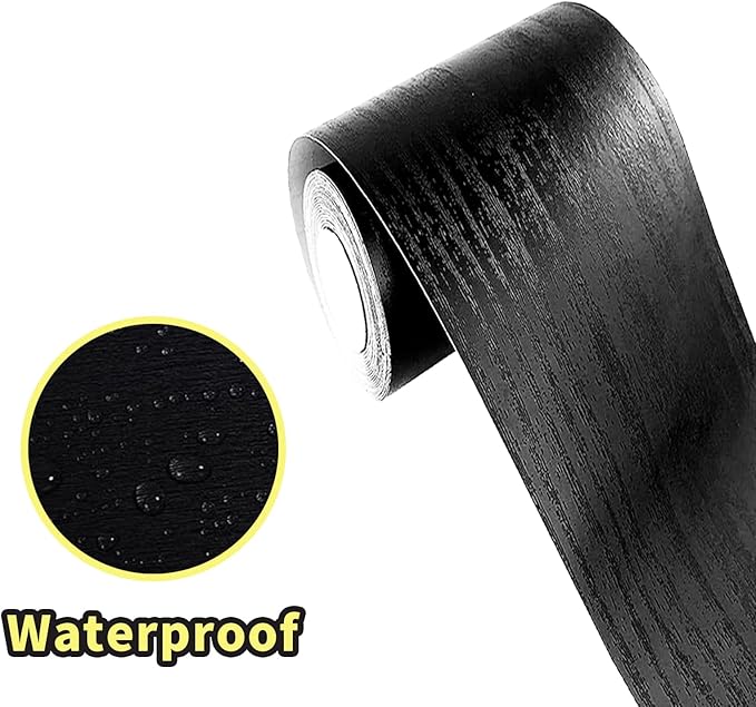 10M Black Wood Grain Removable PVC Waterproof Border Wall Decor Removable Self Adhesive Kitchen Bathroom Tiles Sticker Wallpaper 4.2x390 (4inch)