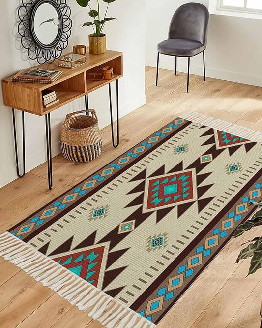 Boho Southwestern Runner Rug 3X5 Ft Bedroom Area Rug, Washable Woven Aztec Abstract Geometric Throw Carpet with Tassel, Non-Shedding Vintage Native American Patterned Dining Room Living Room Carpets