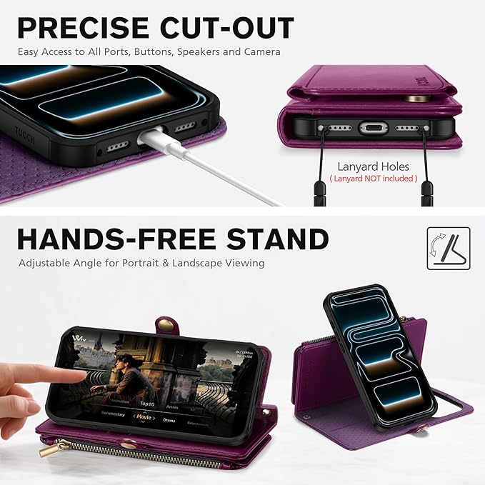 TUCCH Crossbody Detachable Wallet Case for iPhone 17 Pro 6.3" 2025, 9 Card Holders RFID Blocking, Wireless Charging, Stand, Wrist Strap Lanyard, Zipper Pocket, PU Leather Shockproof Cover, Plum Purple
