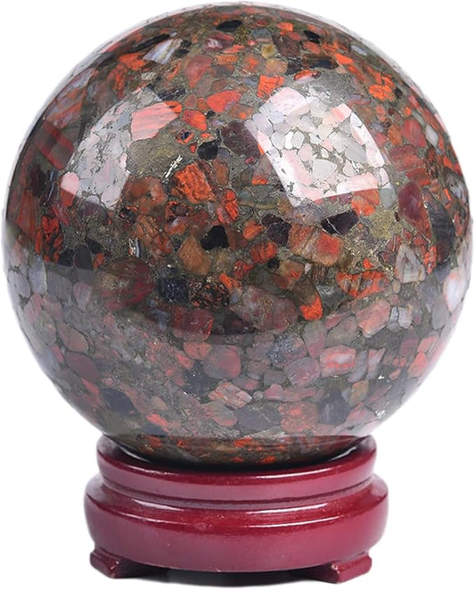 JIC Gem Brazilian Red Agate Crystal Sphere Large Gemstone Sphere Red Healing Crystal Ball with Display Stand Home Decor Meditation Grid Energy Balance (90-100mm)