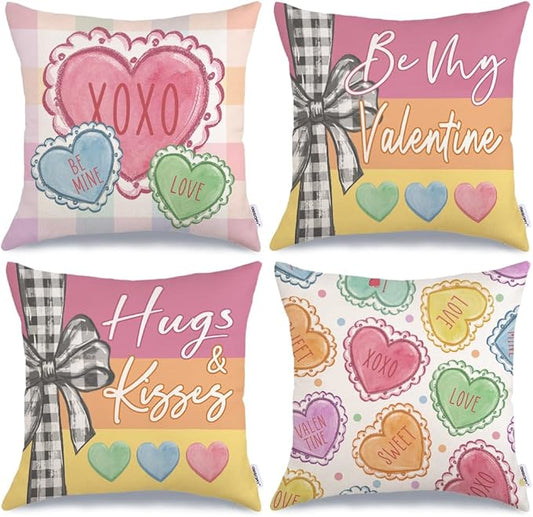 GEEORY Valentine's Day Throw Pillow Covers 18x18 Inch Set of 4, Be My Valentine Hearts Hugs Kisses Love XOXO Sweet Decorative Farmhouse Holiday Cushion Case for Home Decoration G643-18