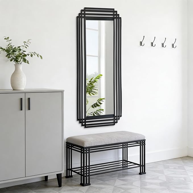 Geometric Mirror with Black Metal Frame, 63"x24" Large Rectangle Art Deco Mirror, Modern Elegant Wall Mirrors for Living Room Bathroom Entryway Hallway, Hangs Vertically or Horizontally