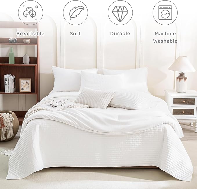 Sanracie Stonewashed Oversized King Bedspread(118"x106"), Cotton Milk White California King Quilt Coverlet Cross Stitch Ultra Soft Lightweight 3Pcs Crinkle Bed Coverlet Set for All Season