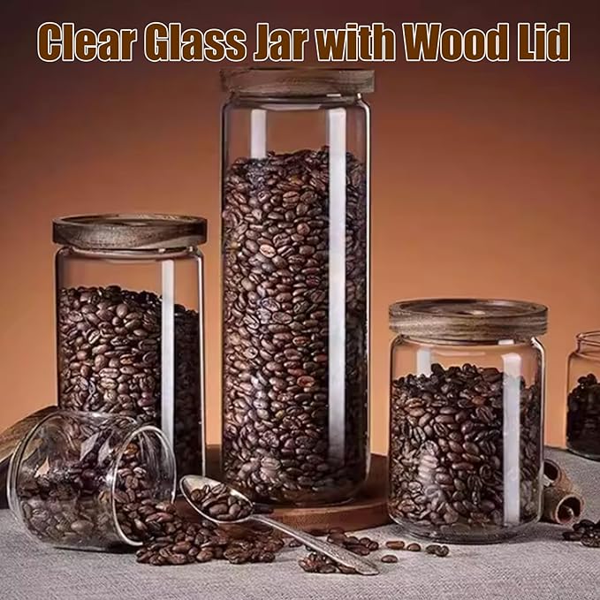 Viovian 51 oz Glass Coffee Jars with Airtight Lids Clear Large Glass Storage Jar Wood Lid Tall Decorative Canister for Food Sugar Candy Cookie 1500ml
