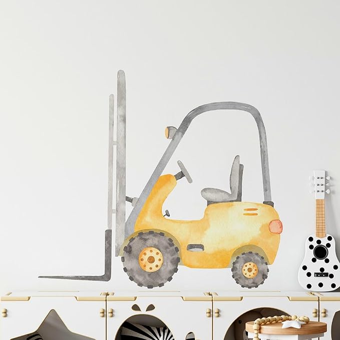 Construction Forklift Wall Decal for Boys Room, Lift Truck Construction Eqipment Peel Stick Removable Fabric Wall Sticker, Nursery or Playroom Decor, Repositionable (18 inch: 16" Tall x 18" Wide)