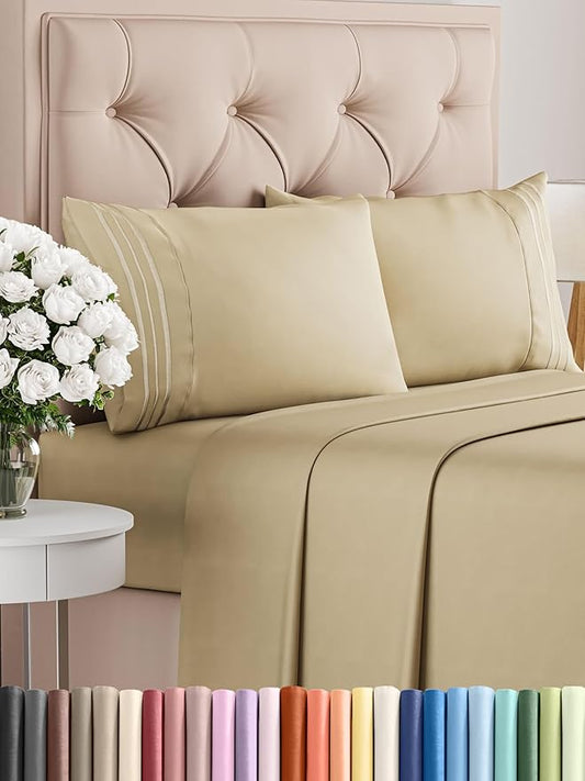 Queen Size 4 Piece Sheet Set - Comfy Breathable & Cooling Bed Sheets Set - Hotel Luxury Bedding for Women, Men, Kids, Teens, Boys & Girls - Deep Pockets, Ultra-Soft, Wrinkle Free - Oeko-Tex - Beige