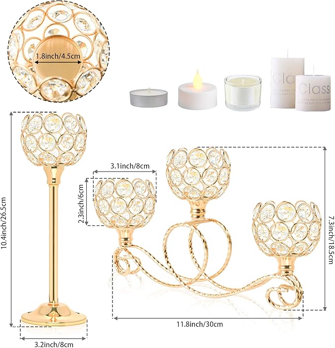 Gold 5 Arm Metal Crystal Tea Light Candle Holder, Elegant Wedding Table Centerpiece, Christmas Wishing Bowl Candle Holder