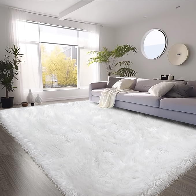 SERISSA Faux Fur Rug - 5x8 Feet, Fluffy Shaggy Area Rug in White - Luxury Fuzzy Sheepskin for Living Room, Bedroom, Nursery Decor