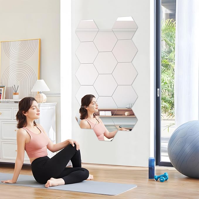 Abyssaly 4 Pack Acrylic Mirror Stickers 11.8" x 11.8", 3D Hexagon Flexible Plastic Mirror Tiles for Wall, Frameless Non-Glass Full Length Stick on Espejos Wall Tile Sheets for Bedroom Home Gym Door