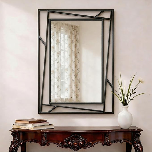 Rectangular Wall Mirror, 28''X20'' Matte Black Metal Framed Farmhouse Bathroom Mirrors for Bedroom Entryway Living Room, Hang Horizontally or Vertically