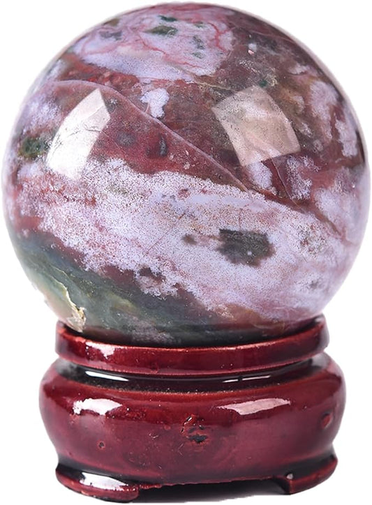 JIC Gem Natural Ocean Jasper Crystal Sphere Decorative Ball with Wooden Stand Meditation Balls for Witchcraft Reiki Healing Gift 50-60mm