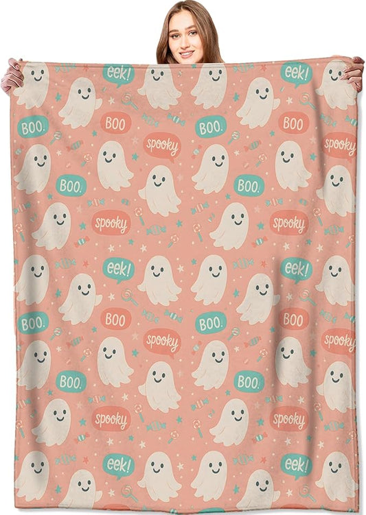 Cute Pink Ghost Blanket Halloween Fall Holiday Decor Gothic Candy Smiling Spirit Throw Gifts for Kids Lightweight Fleece Boo Spooky Witchy Blankets for Horror Spooky Goth Decoration 50x60in