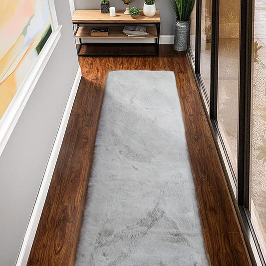 Grey Fluffy Faux Rabbit Washable Furry Fur Area Rugs for Bedroom Large Fuzzy Rug for Living Room Nursery Runner Rugs for Hallway 2x8 Rectangle Rug