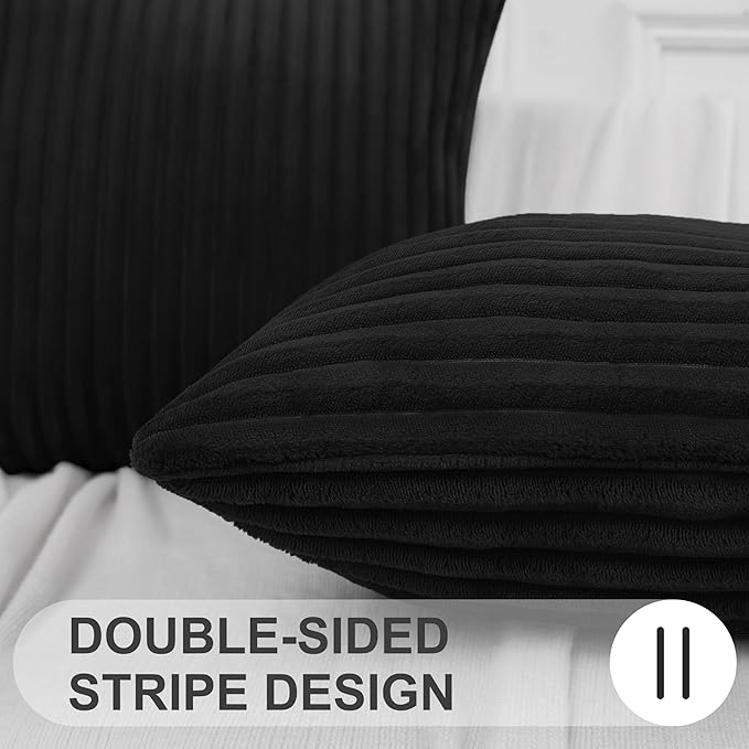 Simmore Decorative Spring Euro Sham Throw Pillow Covers 22x22 Set of 2, Soft Natural Plush Flannel Double-Sided Fluffy Couch Pillow Covers for Sofa Living Room, Black