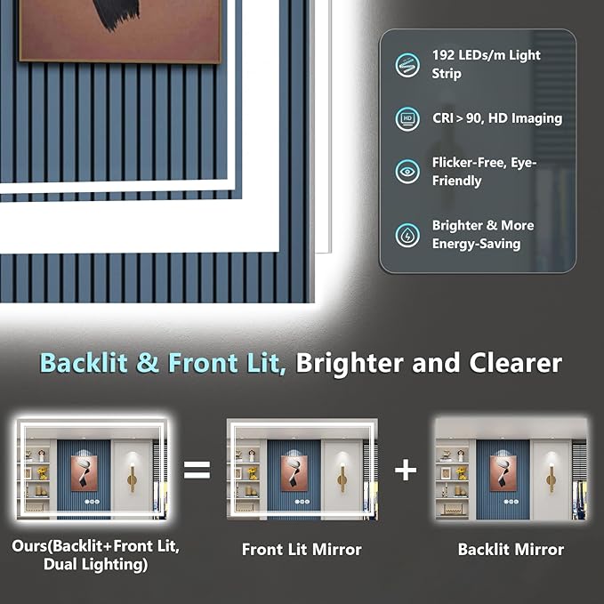 60x40 LED Bathroom Mirror with Lights, Backlit and Front Lit, Anti-Fog Lighted Vanity Mirrors for Bathroom Wall, Dimmable, 3-Color Light, Memory, Shatter-Proof, HD Tempered Glass, CRI＞90