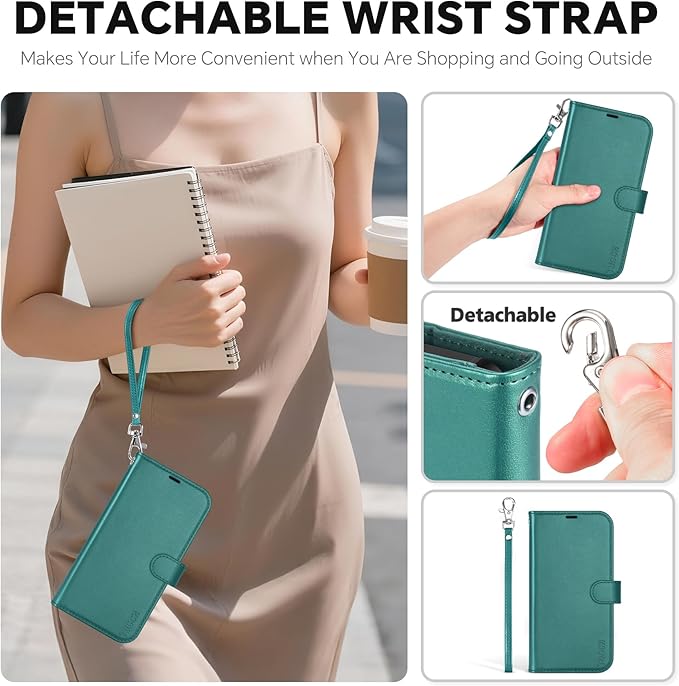TUCCH 2-in-1 Removable Case Wallet for iPhone 17 Pro (6.3") 2025, Detachable Wrist Strap, 4 Card Holders RFID Blocking, Wireless Charging, Stand, Magnetic, PU Leather Shockproof Cover, Bluish Green